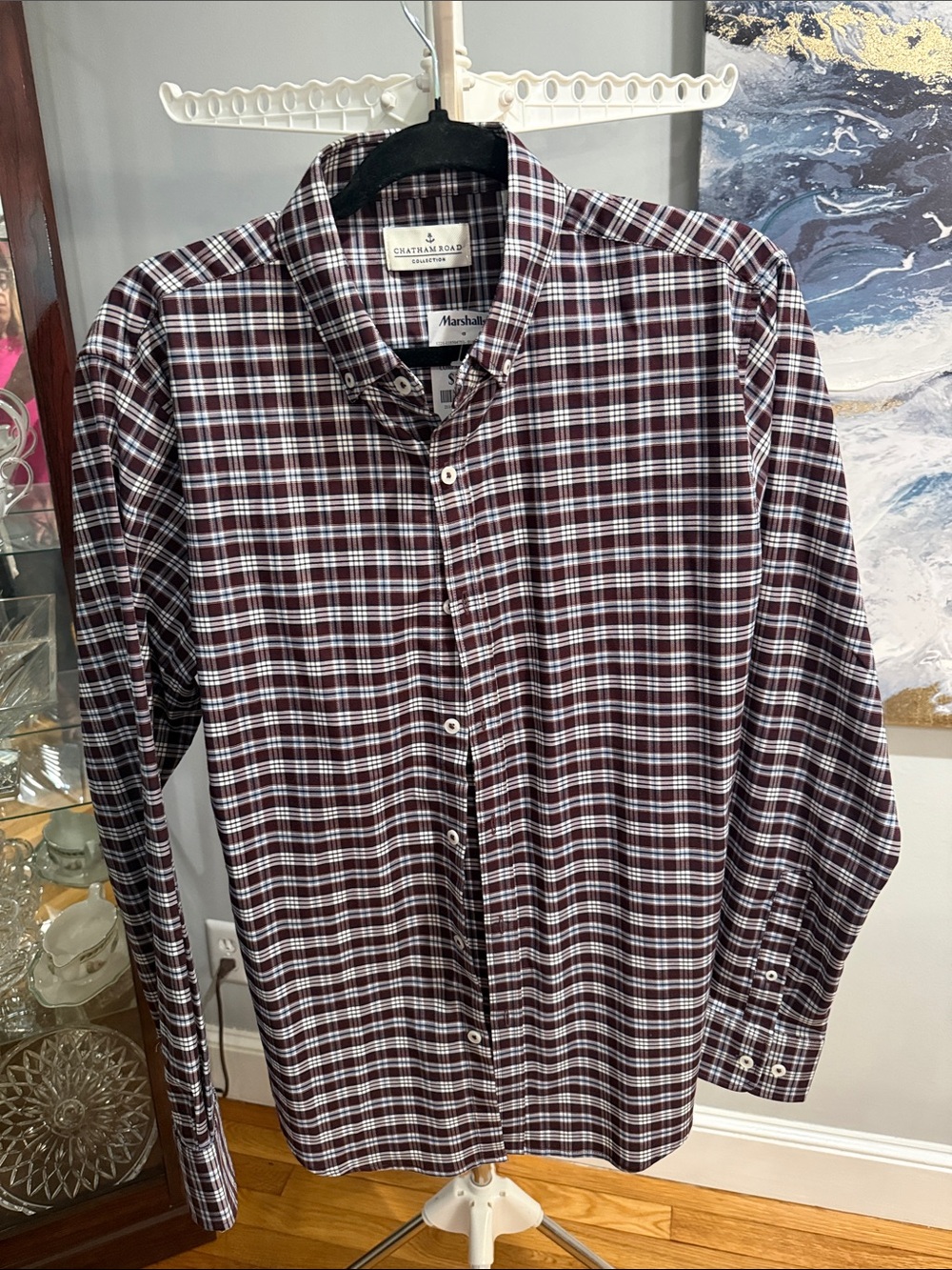 Charles Tyrwhitt Burgundy and White Plaid Long-Sleeve Button-Down Shirt